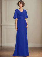 A-line V-Neck Floor-Length Chiffon Mother of the Bride Dress With Pleated Sequins Appliques Lace by Dreamylily