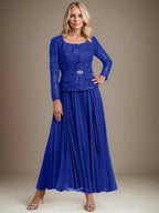 Vestido de gasa para madre de la novia con corte A, cuadrado, largo hasta los tobillos, con pliegues 