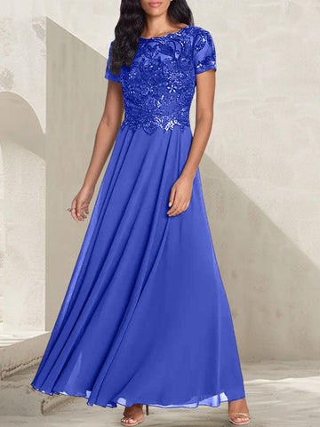Vestido largo de madre de la novia con escote redondo, corte A, color gris carbón y cuentas