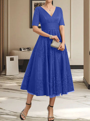 A-line V-Neck Tea-Length Tulle Lace Mother of the Bride Dress With Pleated