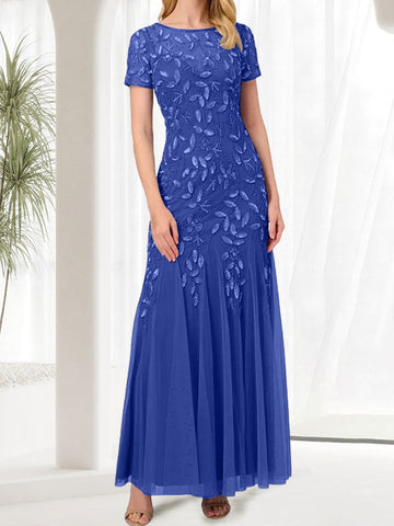 Vestido largo de sirena azul con cuello redondo para madre de la novia con cuentas