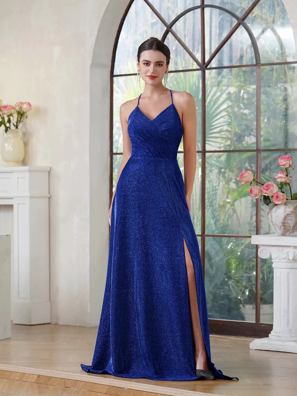 Elegant Long A-line V-Neck Halter Shiny Silk Prom Dress With Side Slit Party Dress with Pocket by BIZTUNNEL