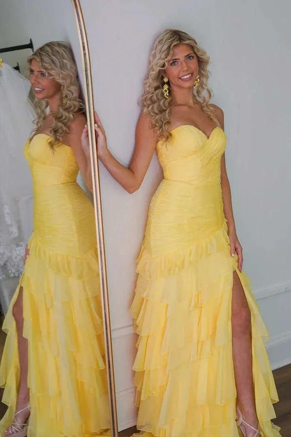 Ruched Ruffle Fitted Yellow Long Prom Dress with Slit PSK576 by Pgmdress