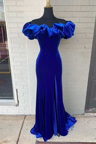 Vestido formal azul rey con hombros descubiertos y abertura SYP95