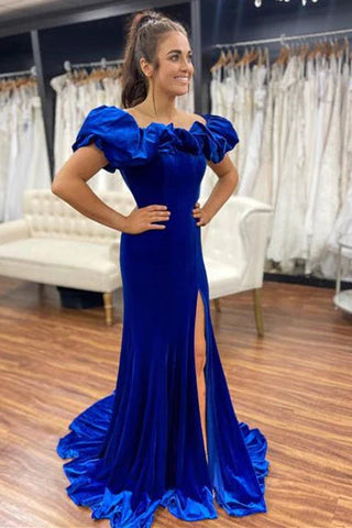 Vestido formal azul rey con hombros descubiertos y abertura SYP95