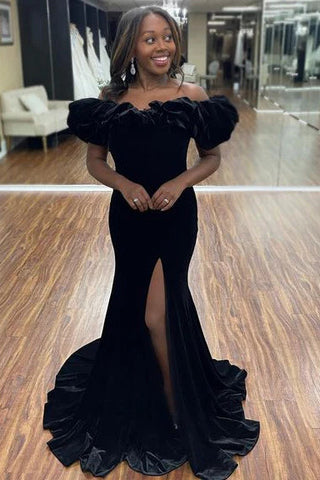 Vestido formal azul rey con hombros descubiertos y abertura SYP95