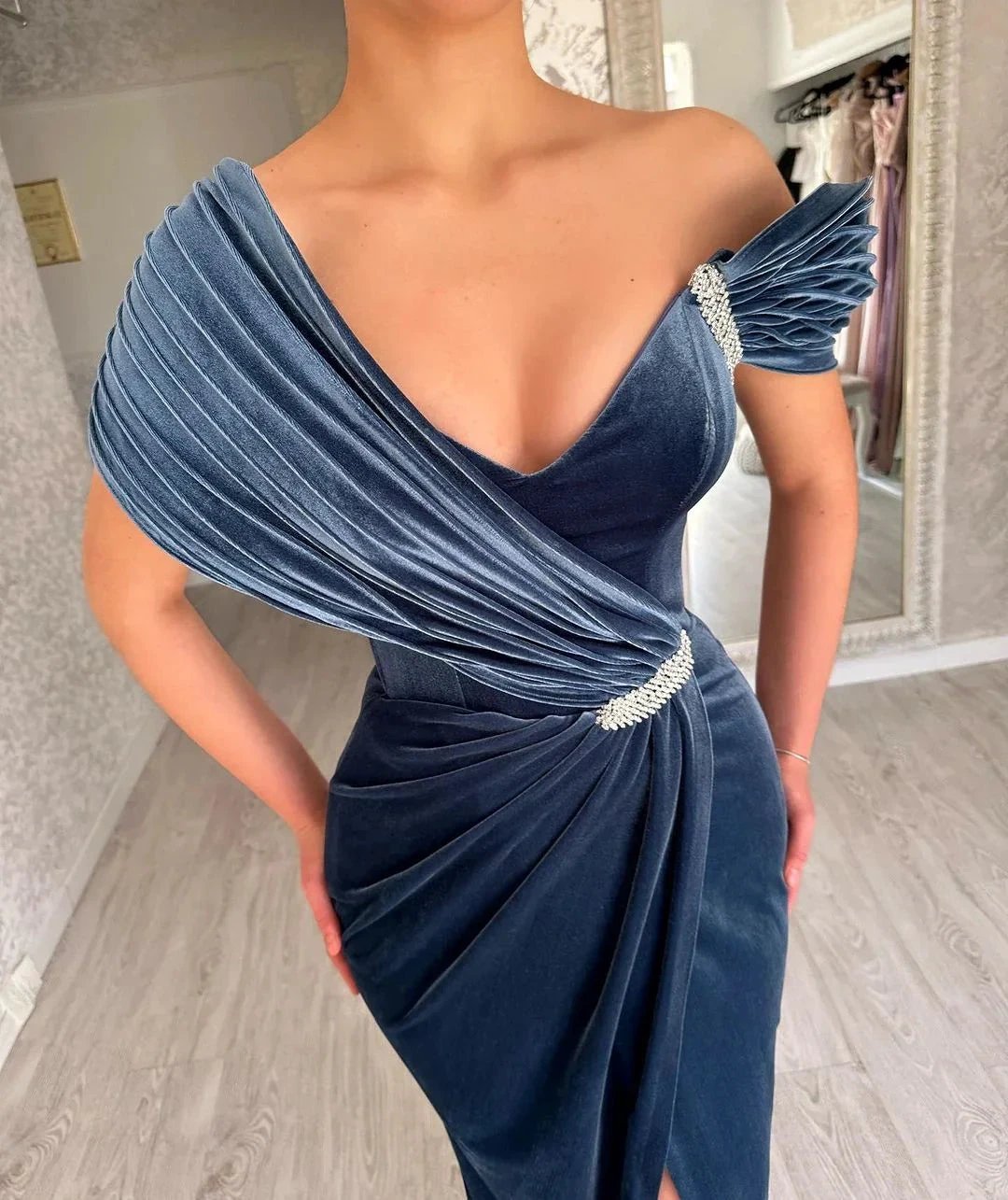 Ruffles Split Front One Shoulder Elegant Prom Dress with Beadings by misshow.com