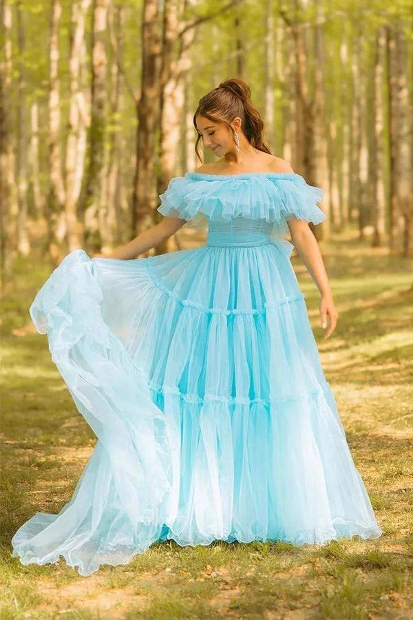 Ruffles Off the Shoulder Corset A-line Blue Prom Dress PSK570 by Pgmdress