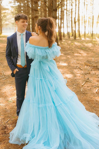 Rüschen Off-Shoulder Korsett A-Linie Blau Ballkleid PSK570