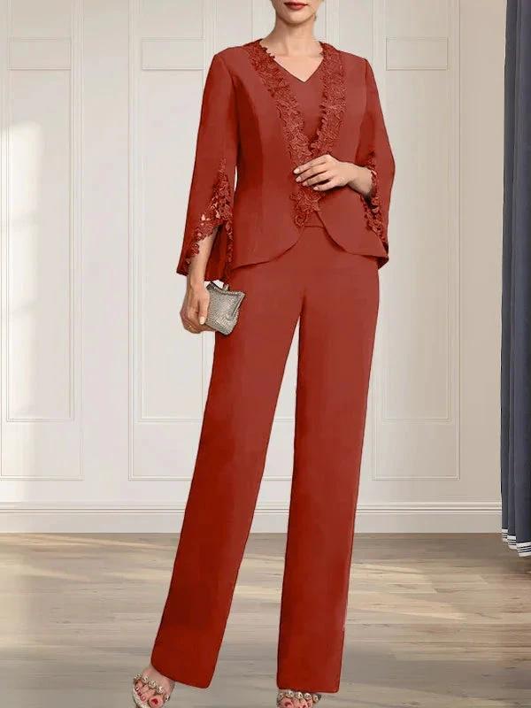 Separates Jumpsuit/Pantsuit V-Neck Floor-Length Chiffon Mother of the Bride Dress by Dreamylily