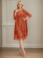 Sheath/Column Scoop Illusion Knee-Length Lace Chiffon Mother of the Bride Dress With Cascading Ruffles Sequins by Dreamylily