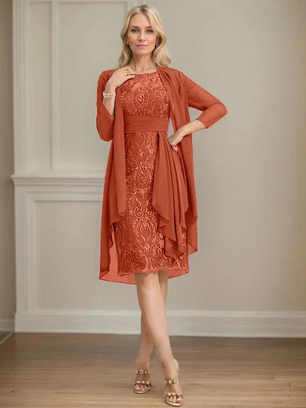 Sheath/Column Scoop Illusion Knee-Length Lace Chiffon Mother of the Bride Dress With Cascading Ruffles Sequins by Dreamylily