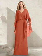 A-line V-Neck Floor-Length Chiffon Mother of the Bride Dress With Cascading Ruffles Beading by Dreamylily