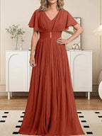 A-line V-Neck Floor-Length Chiffon Mother of the Bride Dress With Crystal Brooch Pleated by Dreamylily