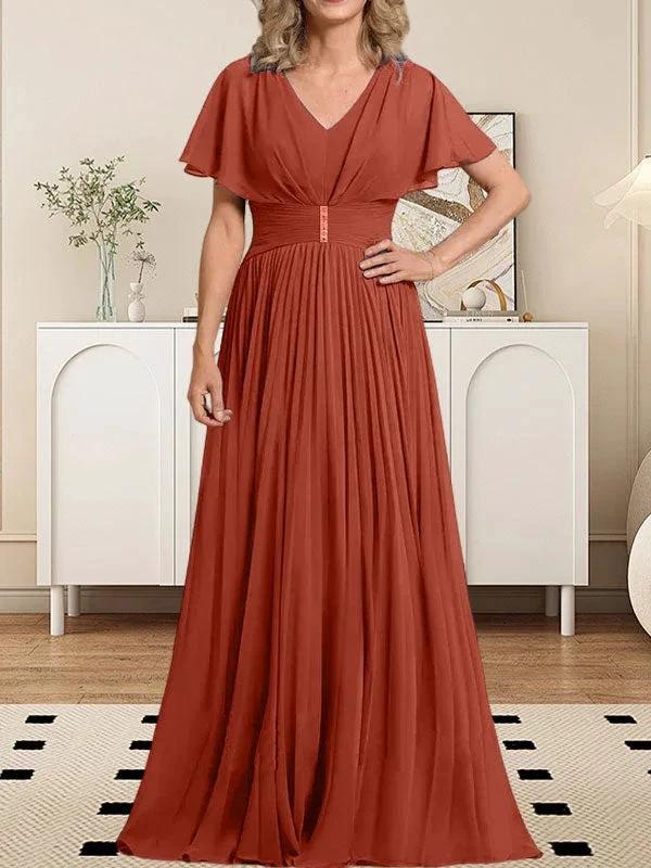 A-line V-Neck Floor-Length Chiffon Mother of the Bride Dress With Crystal Brooch Pleated by Dreamylily