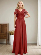 A-line V-Neck Floor-Length Lace Chiffon Mother of the Bride Dress With Sequins by Dreamylily
