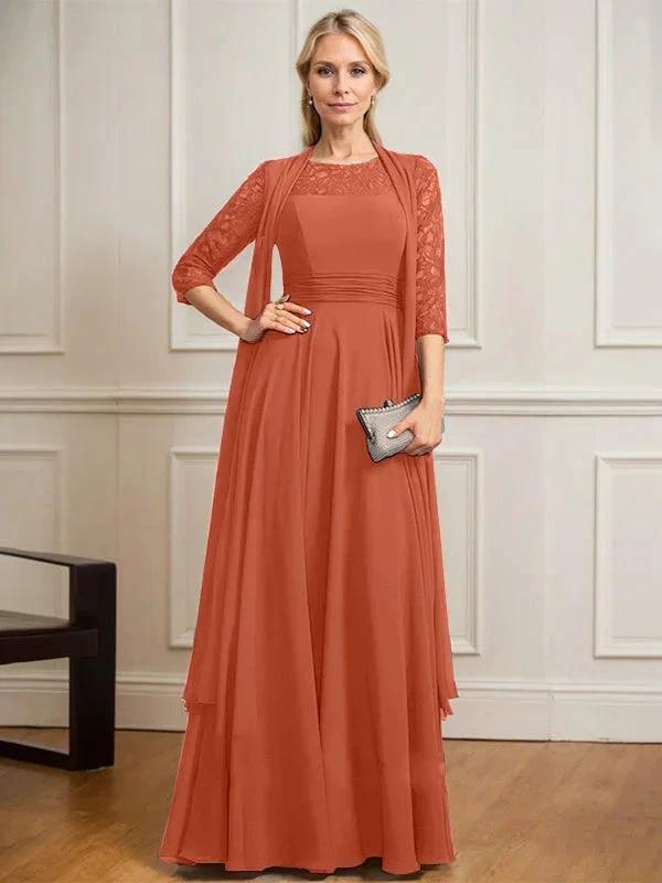 A-line Scoop Illusion Floor-Length Lace Chiffon Mother of the Bride Dress With Pleated by Dreamylily