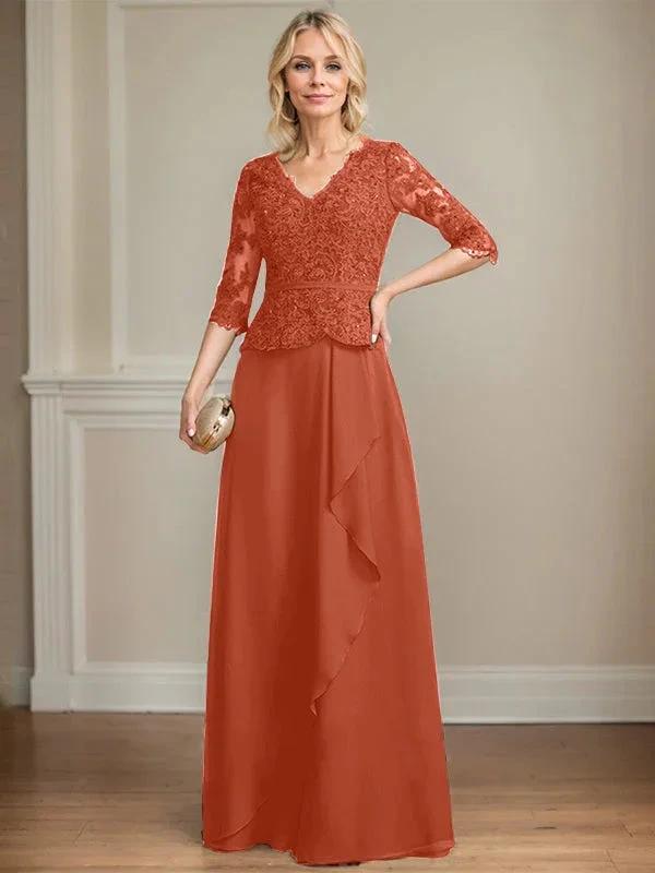 A-line V-Neck Floor-Length Lace Chiffon Mother of the Bride Dress With Cascading Ruffles Sequins by Dreamylily