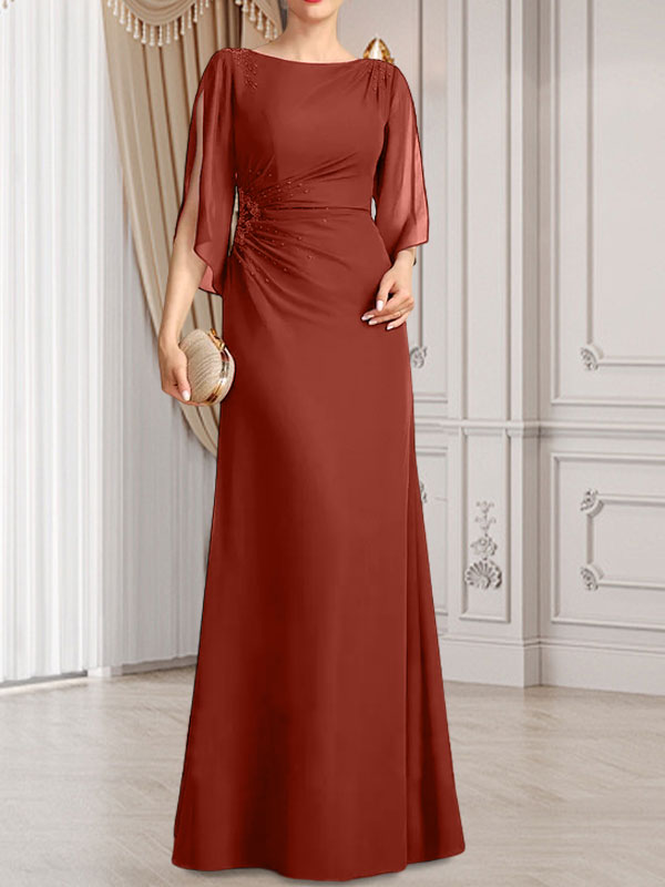 Etui-Linie/Säule U-Ausschnitt Bodenlang Chiffon Kleid für die Brautmutter mit Plissee Perlenbesatz