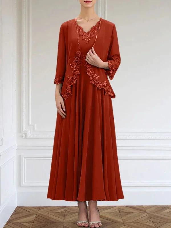 A-line V-Neck Ankle-Length Chiffon Mother of the Bride Dress With Sequins Appliques Lace Beading by Dreamylily
