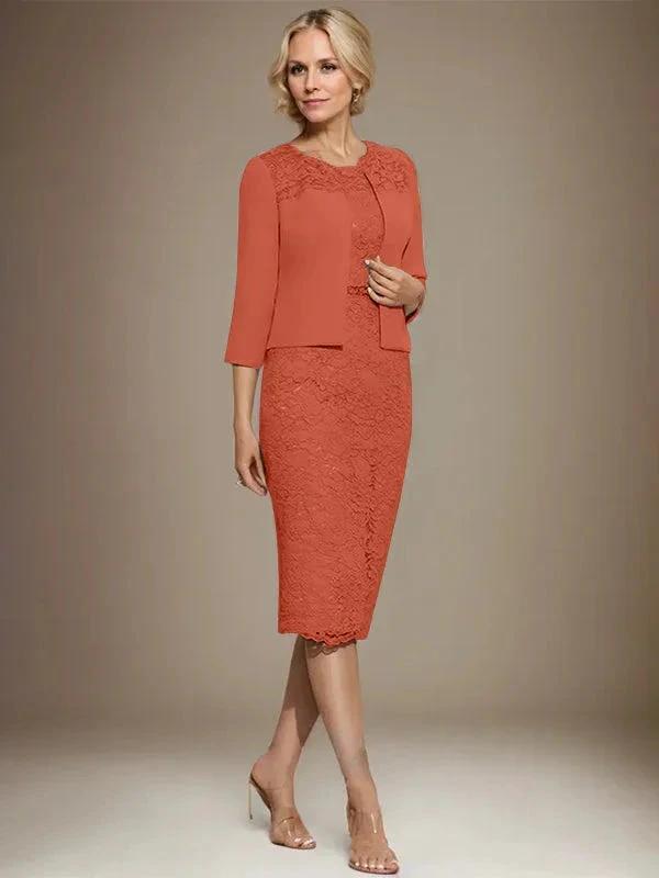 Sheath/Column Scoop Knee-Length Chiffon Lace Mother of the Bride Dress With Beading by Dreamylily