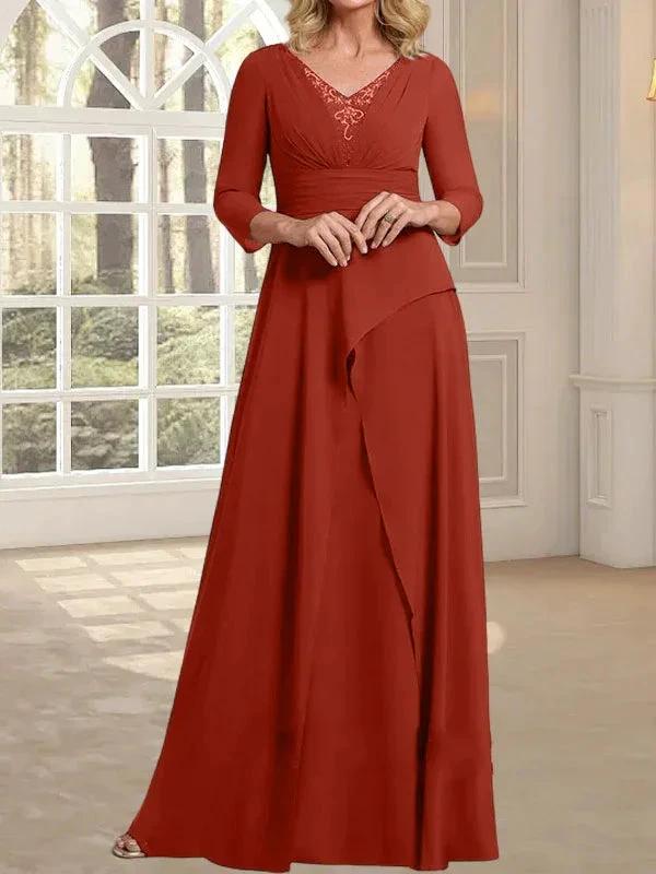 A-line V-Neck Floor-Length Chiffon Mother of the Bride Dress With Pleated Beading by Dreamylily