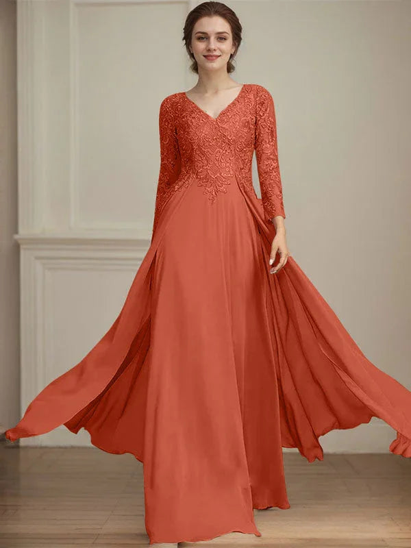 A-line V-Neck Floor-Length Lace Chiffon Mother of the Bride Dress With Sequins by Dreamylily
