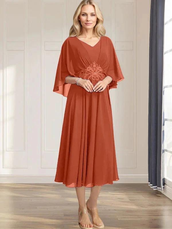 A-line V-Neck Tea-Length Chiffon Mother of the Bride Dress With Pleated Sequins Appliques Lace Beadind by Dreamylily