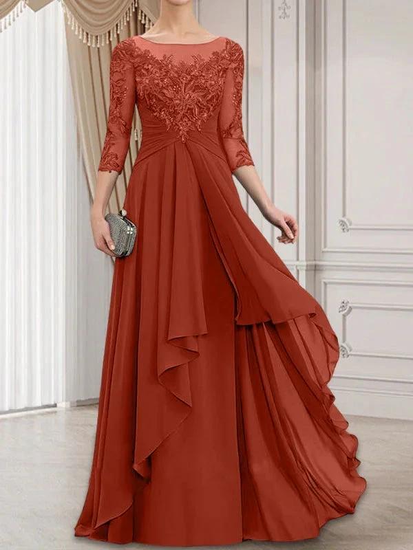 A-line Scoop Illusion Floor-Length Lace Chiffon Mother of the Bride Dress With Cascading Ruffles by Dreamylily