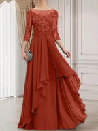 A-line Scoop Illusion Floor-Length Lace Chiffon Mother of the Bride Dress With Cascading Ruffles by Dreamylily
