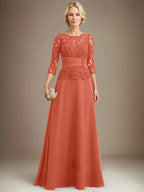 A-line Scoop Illusion Floor-Length Chiffon Lace Mother of the Bride Dress With Pleated Sequins Beading by Dreamylily