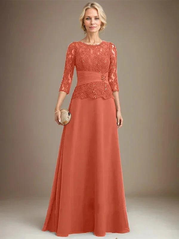 A-line Scoop Illusion Floor-Length Chiffon Lace Mother of the Bride Dress With Pleated Sequins Beading by Dreamylily