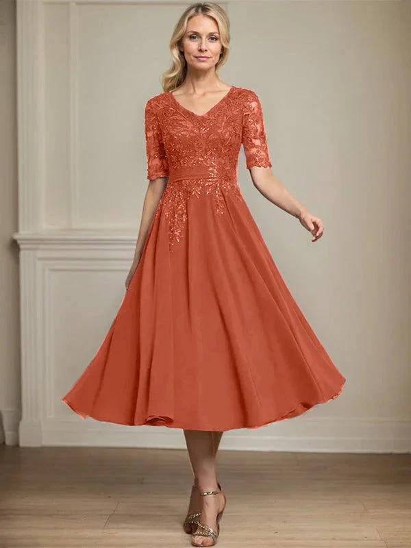 A-line V-Neck Tea-Length Lace Chiffon Mother of the Bride Dress With Sequins by Dreamylily