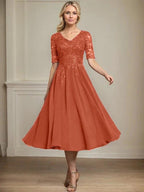 A-line V-Neck Tea-Length Lace Chiffon Mother of the Bride Dress With Sequins by Dreamylily