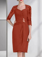 Sheath/Column Sweetheart Knee-Length Chiffon Mother of the Bride Dress With Beading Appliques Lace Sequins Pleated by Dreamylily
