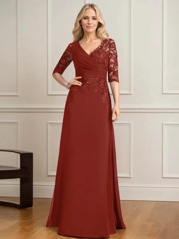 A-line V-Neck Floor-Length Lace Chiffon Mother of the Bride Dress With Pleated Sequins by Dreamylily