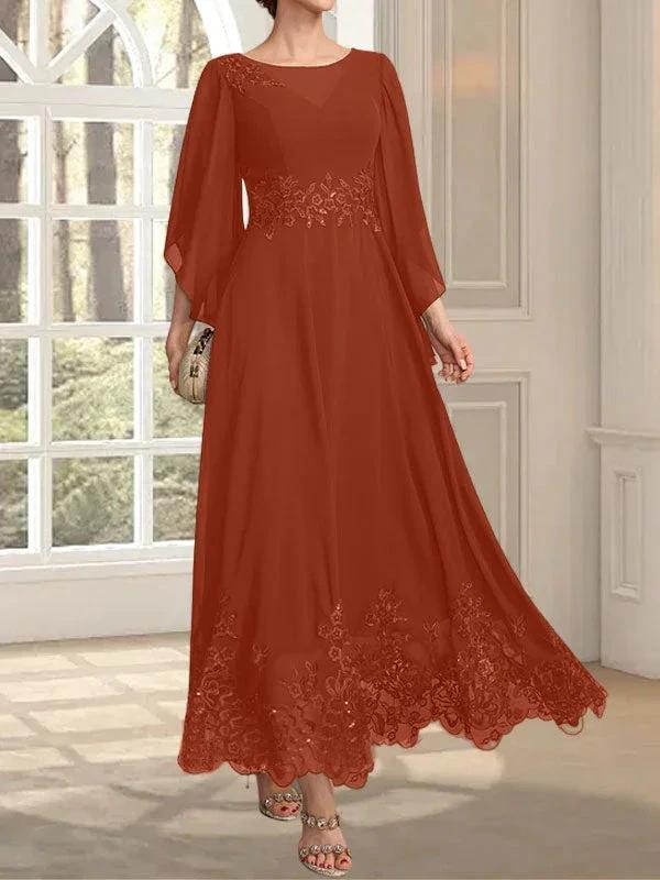 A-line Scoop Illusion Ankle-Length Lace Chiffon Mother of the Bride Dress With Sequins by Dreamylily