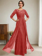 A-Line Scoop Illusion Floor-Length Lace Chiffon Mother Of the Bride Dress With Beading Ruffles by Dreamylily