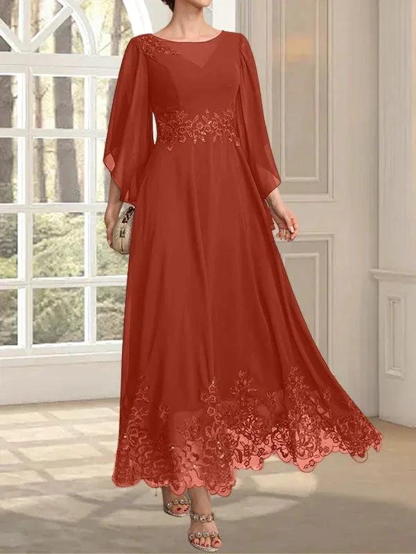 A-line Scoop Illusion Ankle-Length Lace Chiffon Mother of the Bride Dress With Sequins by Dreamylily