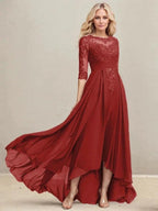 A-line Scoop Illusion Asymmetrical Lace Chiffon Mother of the Bride Dress With Pleated Sequins by Dreamylily