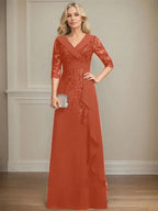 A-line Collared V-Neck Floor-Length Lace Chiffon Mother of the Bride Dress With Sequins Cascading Ruffles by Dreamylily