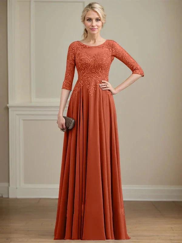 A-line Scoop Illusion Floor-Length Lace Chiffon Mother of the Bride Dress With Sequins by Dreamylily