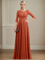 A-line Scoop Illusion Floor-Length Lace Chiffon Mother of the Bride Dress With Sequins by Dreamylily