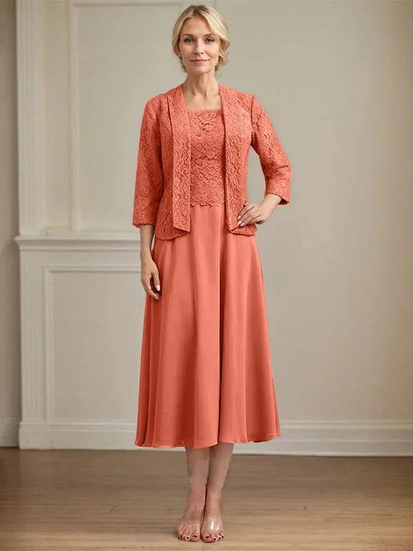 A-line Scoop Tea-Length Lace Chiffon Mother of the Bride Dress by Dreamylily