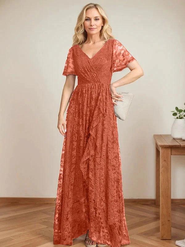 A-Line V-Neck Asymmetrical Lace Mother of the Bride Dress With Cascading Ruffles by Dreamylily