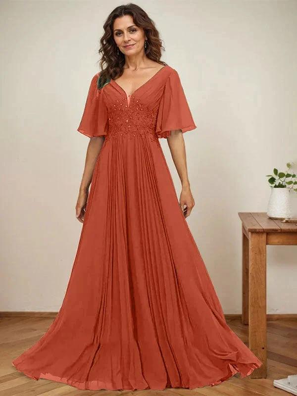 A-line V-Neck Floor-Length Chiffon Mother of the Bride Dress With Sequins Appliques Lace Pleated by Dreamylily