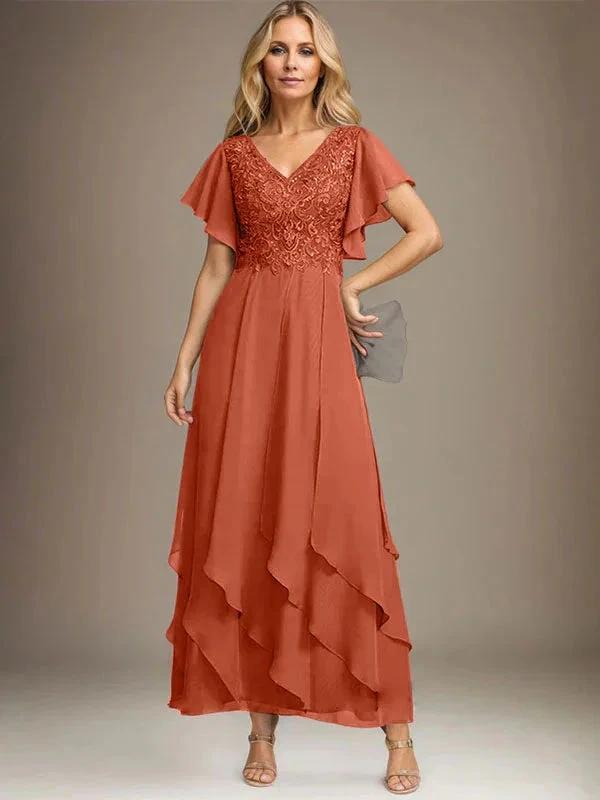 A-line V-Neck Ankle-Length Lace Chiffon Mother of the Bride Dress With Cascading Ruffles by Dreamylily