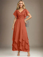 A-line V-Neck Ankle-Length Lace Chiffon Mother of the Bride Dress With Cascading Ruffles by Dreamylily
