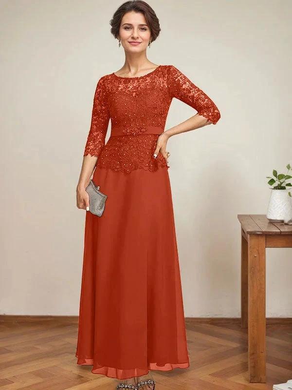 A-line Scoop Illusion Ankle-Length Chiffon Lace Mother of the Bride Dress With Rhinestone Beading by Dreamylily
