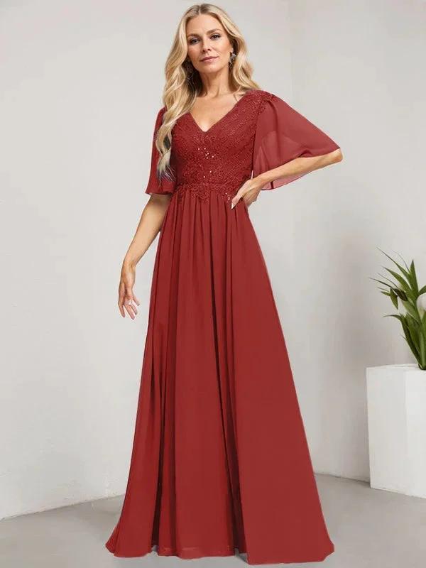 A-line V-Neck Floor-Length Lace Chiffon Mother of the Bride Dress With Sequins by Dreamylily